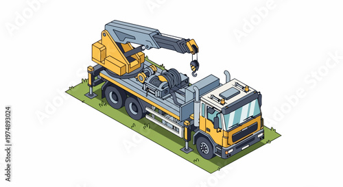 Isometric Yellow Mobile Crane Truck Illustration with Hydraulic Boom and Outriggers - Construction Vehicle Vector Art