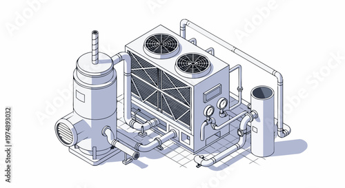 Isometric Industrial HVAC Cooling System Illustration with Pipes and Fans