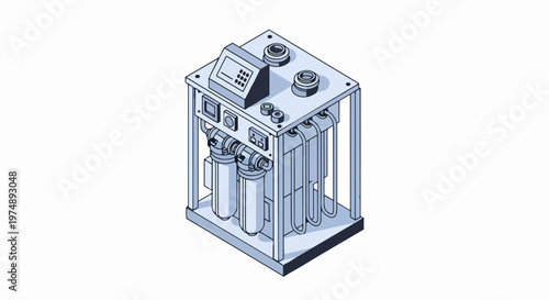 Isometric Industrial Water Filtration System Illustration - Technical Reverse Osmosis Machine Design