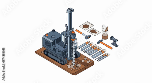 Isometric Geotechnical Drilling Rig and Soil Sampling Equipment Set for Geological Survey and Engineering Site Investigation
