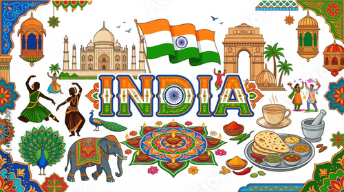 Vibrant illustration of India's rich culture, landmarks, and traditions