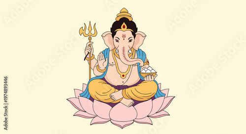 Lord Ganesha illustration sitting on a pink lotus flower holding a trident and a bowl of sweets for religious or festive celebrations.