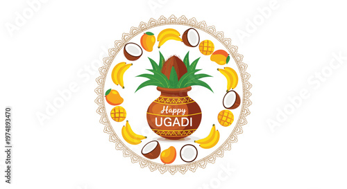 Happy Ugadi greeting with a central traditional pot surrounded by a circular border of fruits like mango coconut and banana for festivals.