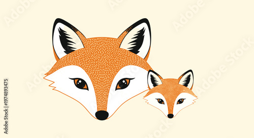 Illustration of two cute orange fox heads with expressive eyes and black tips on their ears set against a plain light beige background.
