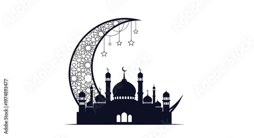 Silhouette of a mosque with a large decorative crescent moon and hanging stars for ramadan kareem or eid mubarak religious celebrations.