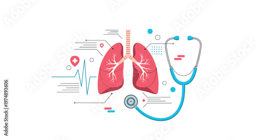 Medical illustration of human lungs with a stethoscope and health monitors for lung disease awareness or medical checkup concepts.