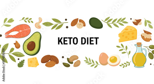 Keto diet food arrangement featuring salmon avocado eggs cheese and nuts surrounding the central text for healthy low carb lifestyle.