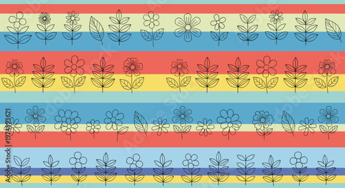 Pattern of simple sketched flowers and leaves arranged in rows over a background of wide red blue and yellow horizontal stripes for fabrics.