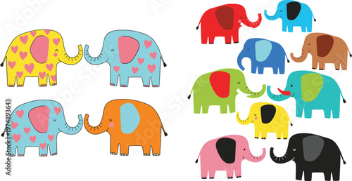 Colorful Cute Elephant Vector Illustration Set Featuring Cartoon Elephants with Heart Patterns and Bright Designs for Kids, Nursery, and Creative Graphic Projects.