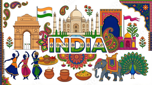 Vibrant illustration of India's rich culture, landmarks, and traditions