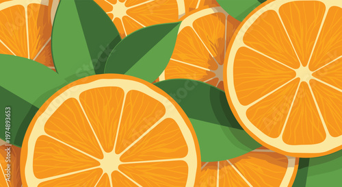 Vibrant close up of fresh orange slices and green leaves creates a refreshing citrus background full of vitamins and summer energy.