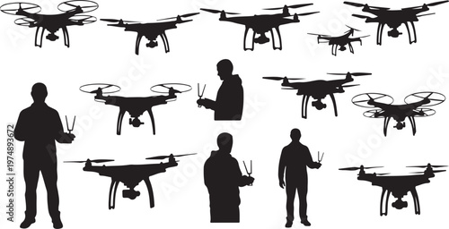 Silhouettes of people operating drones in various positions and angles
