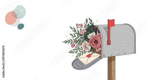 Vintage grey mailbox overflow with a colorful flower bouquet and an envelope featuring a small red heart for a romantic message.