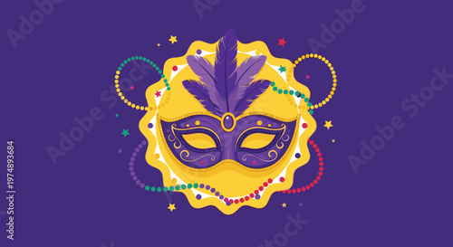 Mardi gras carnival mask decorated with purple feathers and gold beads sits on a bright yellow sun shape against a deep purple background.