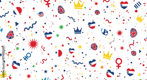 Festive pattern features a mix of national flags, hearts, crowns, and confetti icons in a celebratory arrangement for international events.