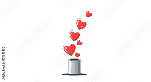 Red glossy hearts floating upwards from a grey metallic cylinder representing love and affection in a simple style.