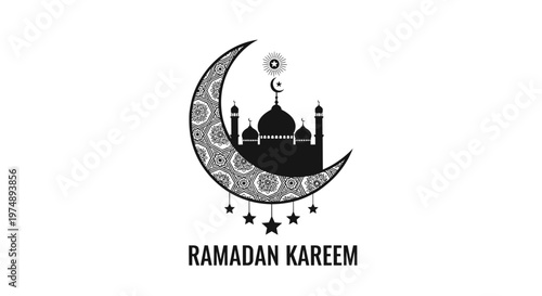 Silhouette of a mosque placed inside a decorative crescent moon with Ramadan Kareem text for Islamic religious holidays.