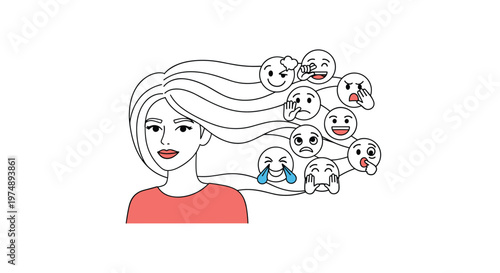 Portrait of a woman whose flowing hair transitions into various circular emoji faces expressing different emotions.