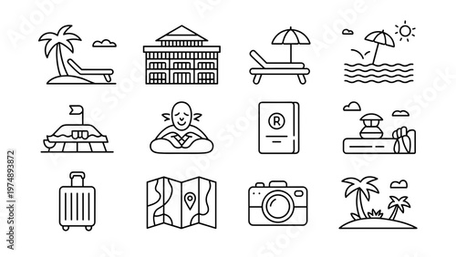 Resort Hotel Line Icon Set  Travel, Beach, Wellness and Tourism Outline Collection