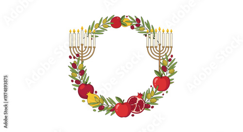 Wreath made of pomegranates, apples, and olives with two golden menorahs for Rosh Hashanah the Jewish New Year holiday.