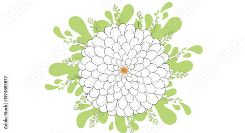 Beautiful white dahlia flower illustration centered on a background of green abstract fluid shapes and various leaves.