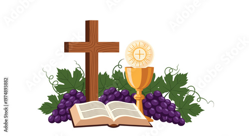 Collection of Christian religious symbols including a wooden cross, open bible, golden chalice, and purple grapes.
