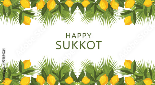 Happy Sukkot border design featuring green palm tree leaves and yellow lemons known as etrog on a clean white base.