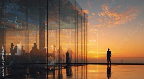 Silhouetted figures stand in modern office, city skyline, sunset reflected on glass