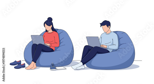 Two young people sitting in blue bean bag chairs and working on their laptops in a casual and modern office setting.
