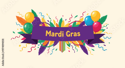 Festive Mardi Gras banner design with colorful feathers beads and balloons on a light cream background for carnival party.