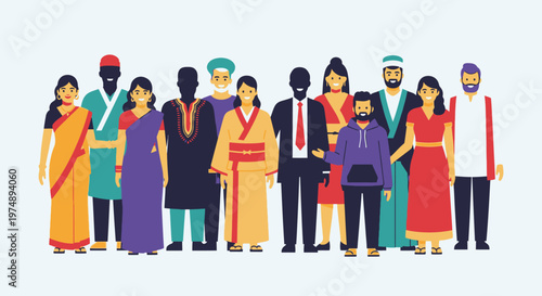 Diverse Multicultural Group of People in Traditional Clothes Standing Together in Bright Studio, Global Community Representing Various Cultures and Ethnicities