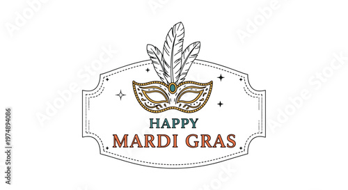 Vintage style Mardi Gras label design featuring a decorative mask with feathers and stars on an ornate white frame.