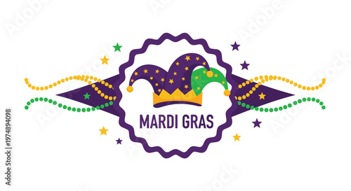 Decorative Mardi Gras emblem with a purple and green jester hat golden beads and colorful stars for carnival season.