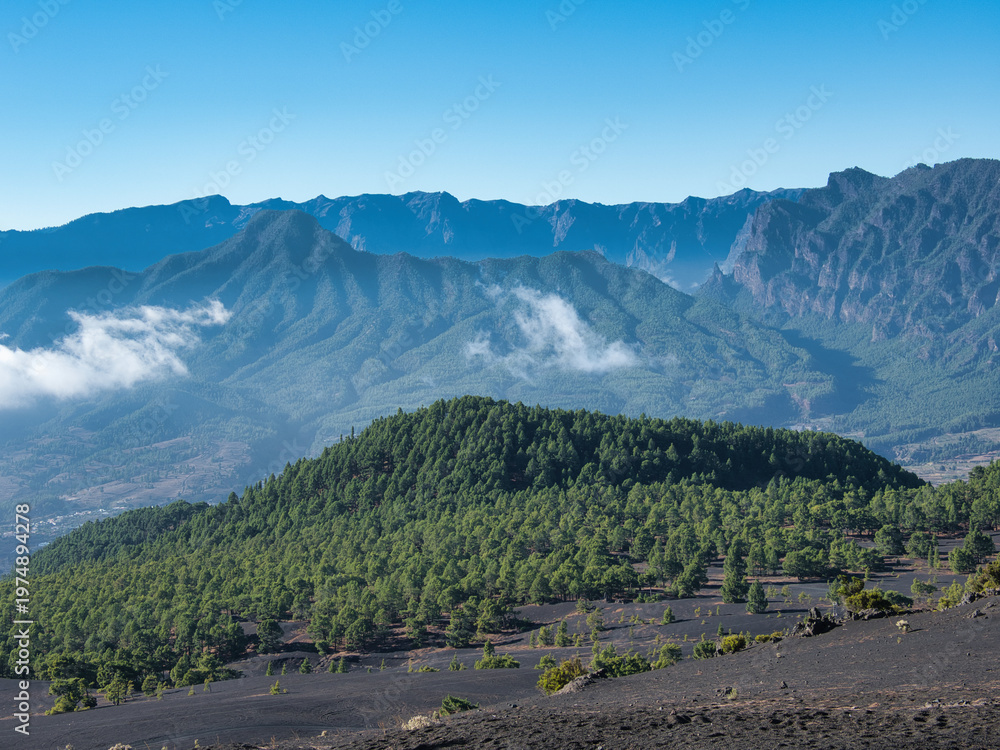 Fototapeta premium Solitary Pine on Volcanic Ridge View - Single pine tree on a black volcanic slope with a panoramic view of the vast mountain range and cloud formations under a clear blue sky.