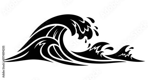 Powerful Stylized Ocean Wave Black Outline Icon on Isolated White Background, Dynamic Sea Wave Abstract Graphic Design Element, Crashing Water Movement Vector