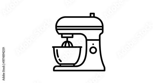 Stand Mixer Kitchen Appliance with Bowl Outline Icon on Isolated White Background, Electric Food Mixer for Baking Detailed Line Art Illustration, Modern Kitchen Equipment