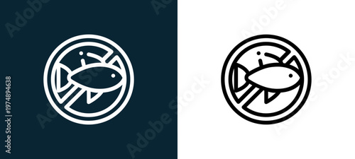 Black and white no fish outline icon duo, editable stroke vector illustration for web, mobile apps, UI design, branding, and print from Allergen Free Products