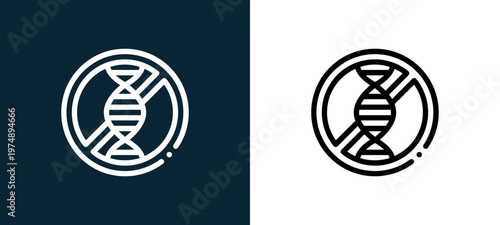 Black and white genome outline icon duo, editable stroke vector illustration for web, mobile apps, UI design, branding, and print from Allergen Free Products