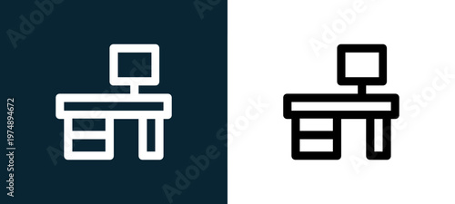 Black and white office desk outline icon duo, editable stroke vector illustration for web, mobile apps, UI design, branding, and print from Home Furniture