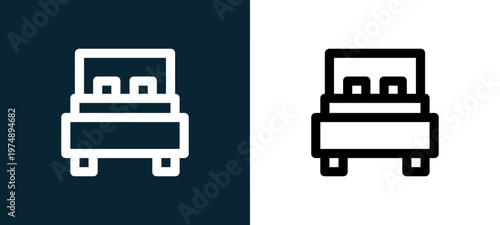 Black and white double bed outline icon duo, editable stroke vector illustration for web, mobile apps, UI design, branding, and print from Home Furniture