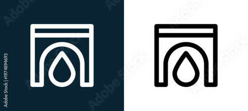 Black and white fireplace outline icon duo, editable stroke vector illustration for web, mobile apps, UI design, branding, and print from Home Furniture