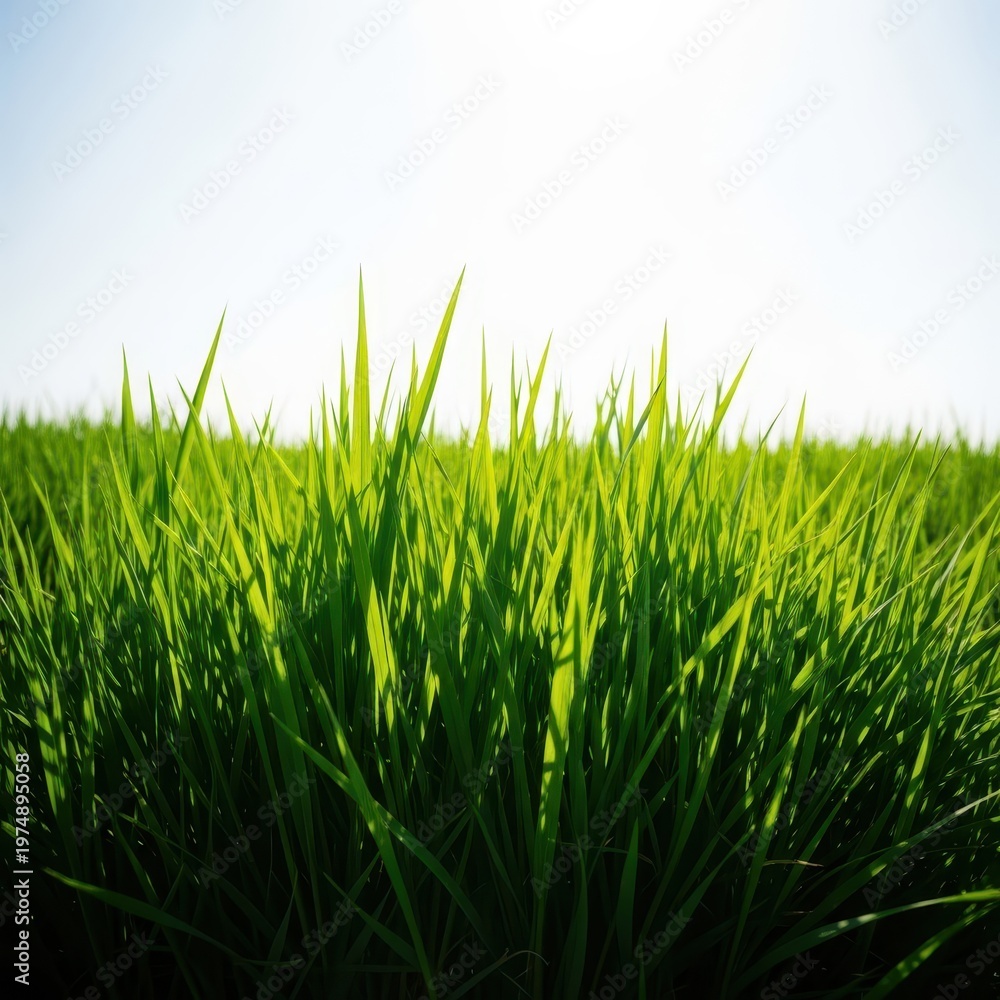 Fototapeta premium A dense patch of vibrant green hound grass growing rapidly in an open field under natural sunlight. Useful background texture, meadow, garden, fresh