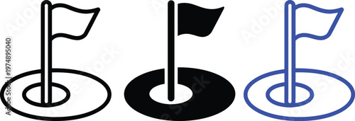 Three differently styled golf flags on poles with distinct ring bases