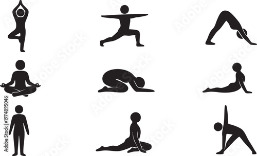 Collection of diverse stick figure icons illustrating various popular yoga poses for promoting health, balance, and mindful living practices