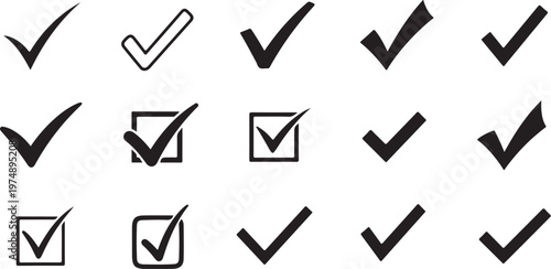 Collection of checkmarks and checkboxes on white background