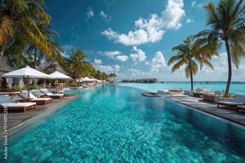 A serene infinity pool stretches towards a clear blue ocean under a sunny sky