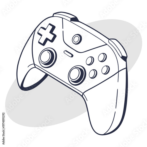 A minimalist line drawing depicts a white nintendo switch pro controller showcasing its ergonomic design and button layout high quality professional detailed