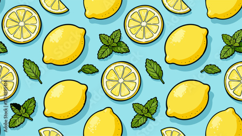 Seamless pattern with hand-drawn yellow lemons, lemon slices and mint leaves on light blue background. Fresh citrus summer fruit illustration for wallpaper or textile.