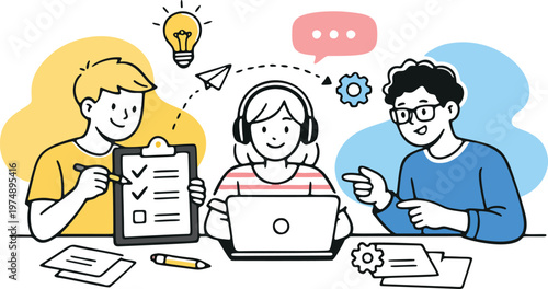 Students learning online studying together with laptop education flat vector illustration.