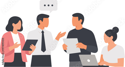 Business team discussion working together with documents and laptop flat vector illustration.